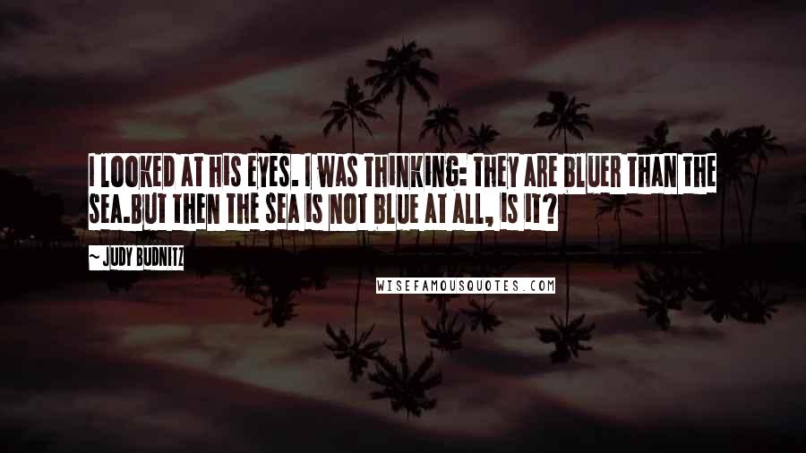 Judy Budnitz Quotes: I looked at his eyes. I was thinking: they are bluer than the sea.But then the sea is not blue at all, is it?