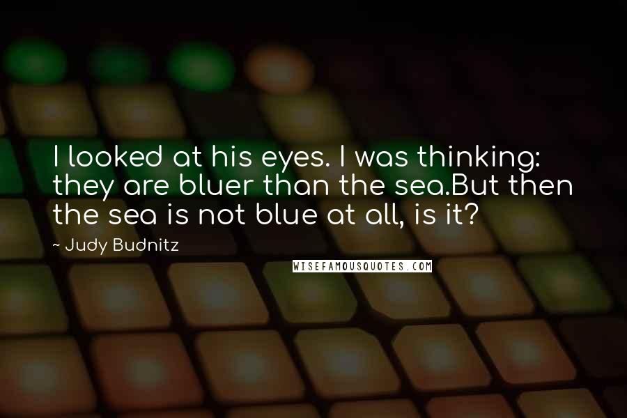 Judy Budnitz Quotes: I looked at his eyes. I was thinking: they are bluer than the sea.But then the sea is not blue at all, is it?