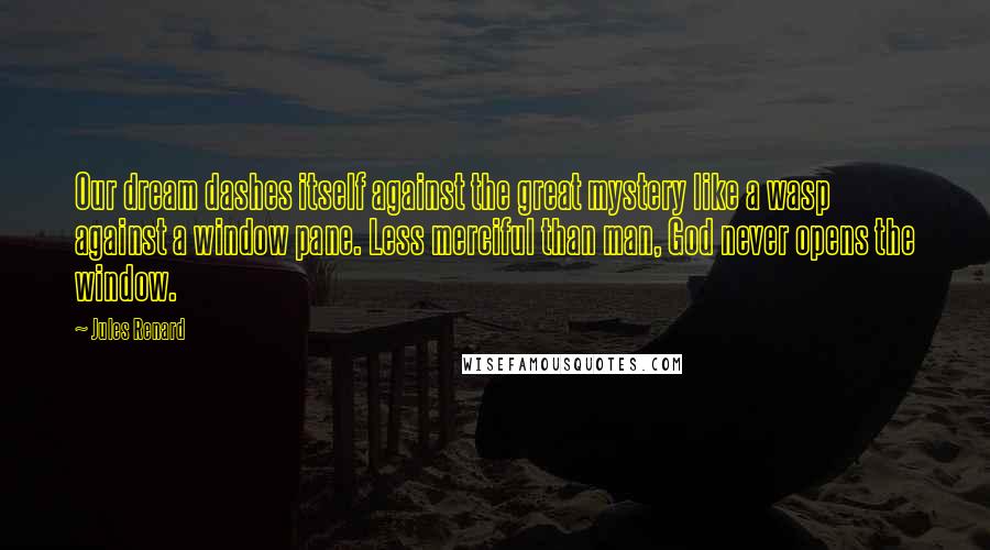 Jules Renard Quotes: Our dream dashes itself against the great mystery like a wasp against a window pane. Less merciful than man, God never opens the window.