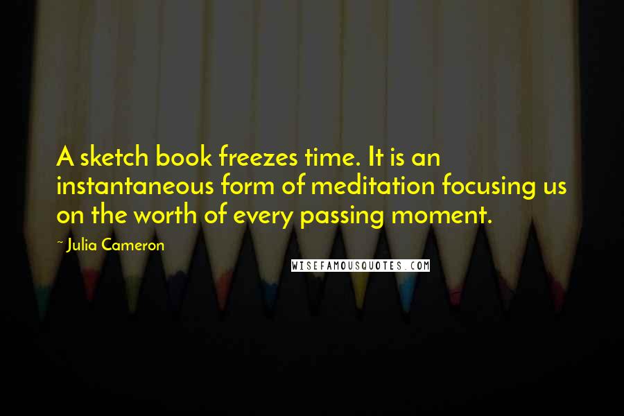 Julia Cameron Quotes: A sketch book freezes time. It is an instantaneous form of meditation focusing us on the worth of every passing moment.