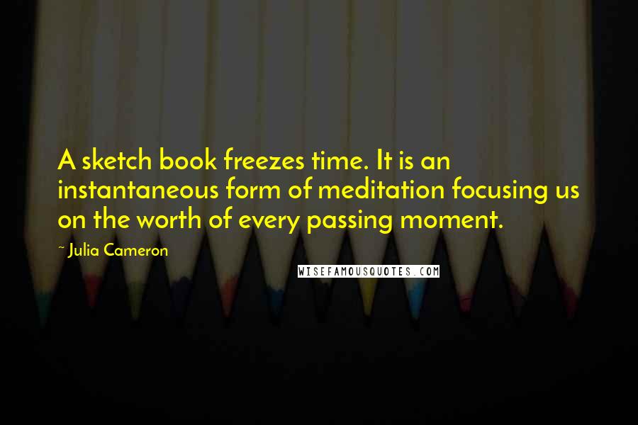 Julia Cameron Quotes: A sketch book freezes time. It is an instantaneous form of meditation focusing us on the worth of every passing moment.