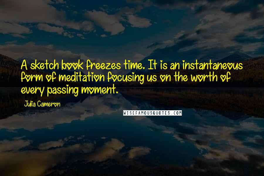 Julia Cameron Quotes: A sketch book freezes time. It is an instantaneous form of meditation focusing us on the worth of every passing moment.