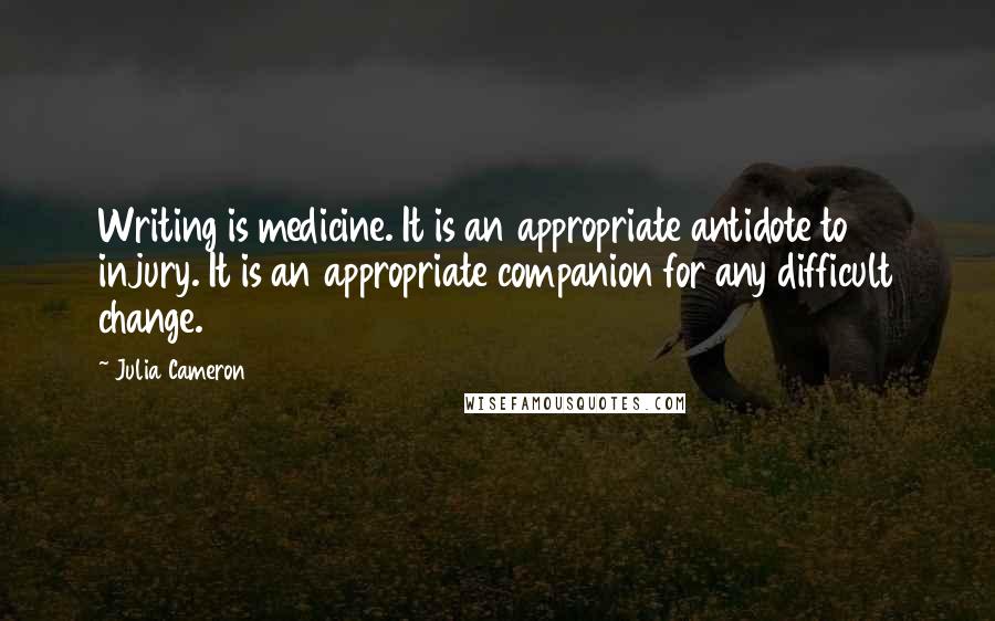 Julia Cameron Quotes: Writing is medicine. It is an appropriate antidote to injury. It is an appropriate companion for any difficult change.