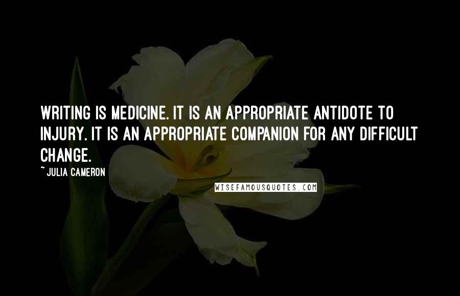 Julia Cameron Quotes: Writing is medicine. It is an appropriate antidote to injury. It is an appropriate companion for any difficult change.