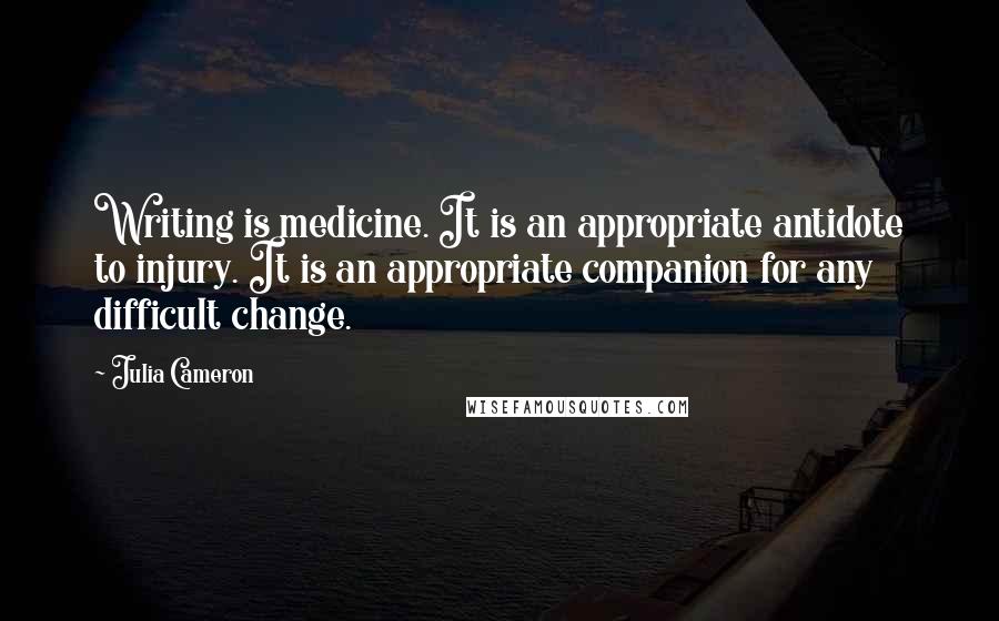 Julia Cameron Quotes: Writing is medicine. It is an appropriate antidote to injury. It is an appropriate companion for any difficult change.