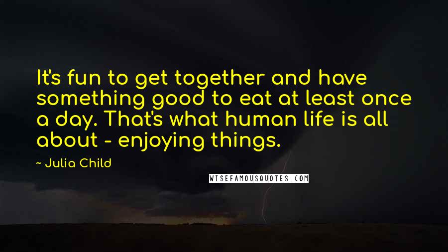 Julia Child Quotes: It's fun to get together and have something good to eat at least once a day. That's what human life is all about - enjoying things.