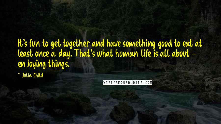 Julia Child Quotes: It's fun to get together and have something good to eat at least once a day. That's what human life is all about - enjoying things.