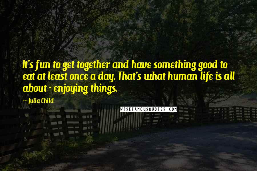 Julia Child Quotes: It's fun to get together and have something good to eat at least once a day. That's what human life is all about - enjoying things.