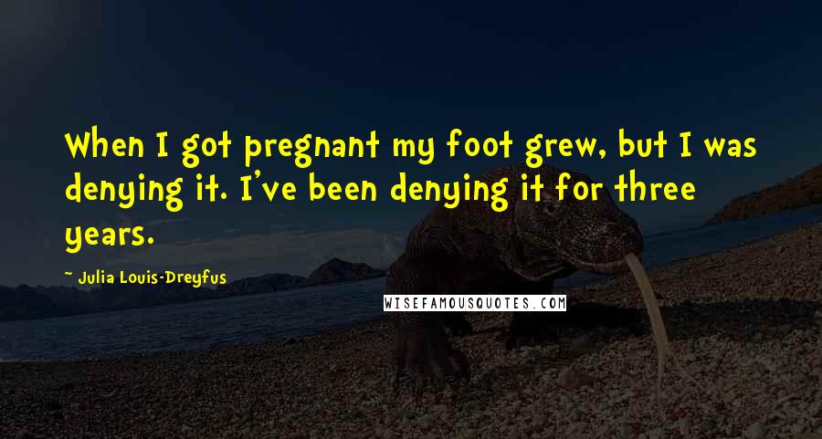 Julia Louis-Dreyfus Quotes: When I got pregnant my foot grew, but I was denying it. I've been denying it for three years.