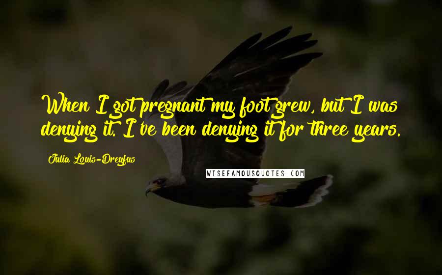 Julia Louis-Dreyfus Quotes: When I got pregnant my foot grew, but I was denying it. I've been denying it for three years.