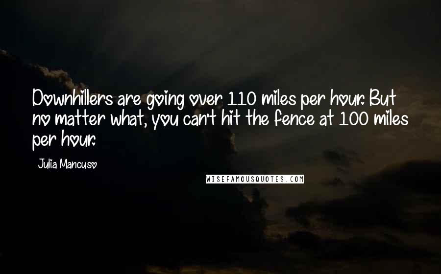 Julia Mancuso Quotes: Downhillers are going over 110 miles per hour. But no matter what, you can't hit the fence at 100 miles per hour.