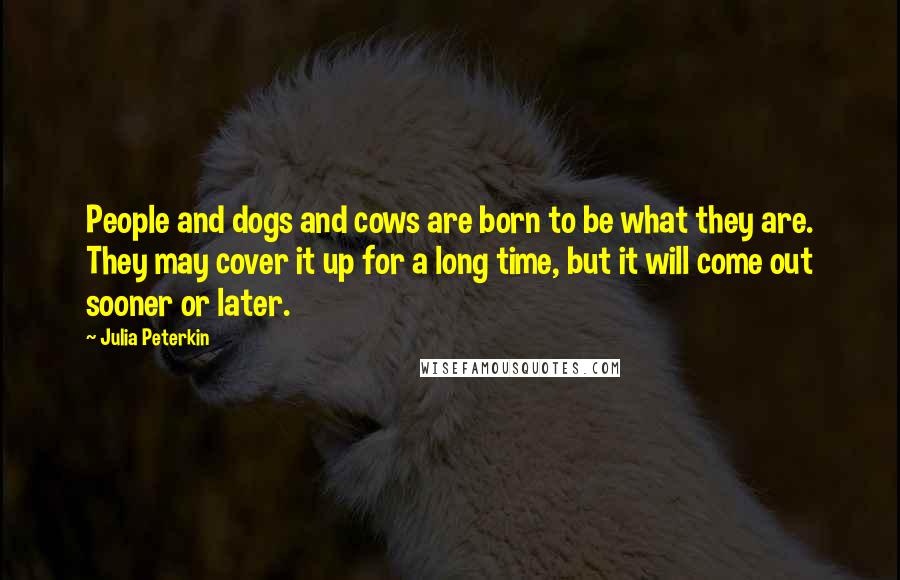 Julia Peterkin Quotes: People and dogs and cows are born to be what they are. They may cover it up for a long time, but it will come out sooner or later.