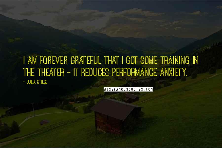 Julia Stiles Quotes: I am forever grateful that I got some training in the theater - it reduces performance anxiety.