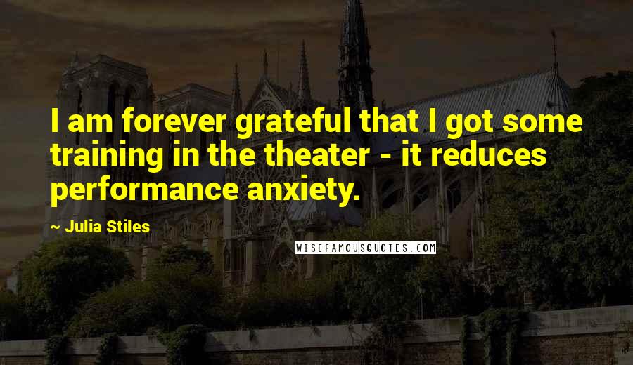 Julia Stiles Quotes: I am forever grateful that I got some training in the theater - it reduces performance anxiety.