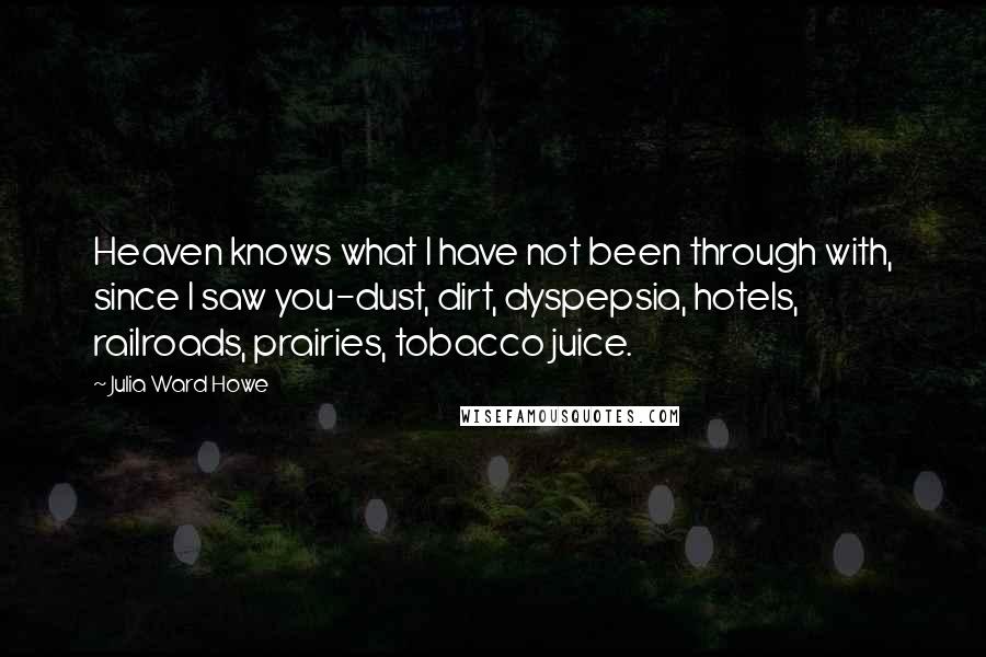 Julia Ward Howe Quotes: Heaven knows what I have not been through with, since I saw you-dust, dirt, dyspepsia, hotels, railroads, prairies, tobacco juice.