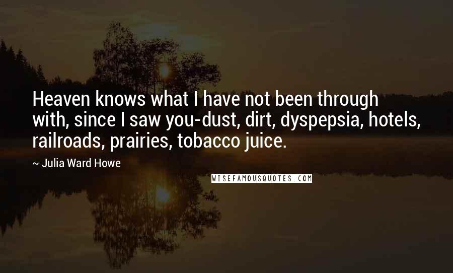 Julia Ward Howe Quotes: Heaven knows what I have not been through with, since I saw you-dust, dirt, dyspepsia, hotels, railroads, prairies, tobacco juice.