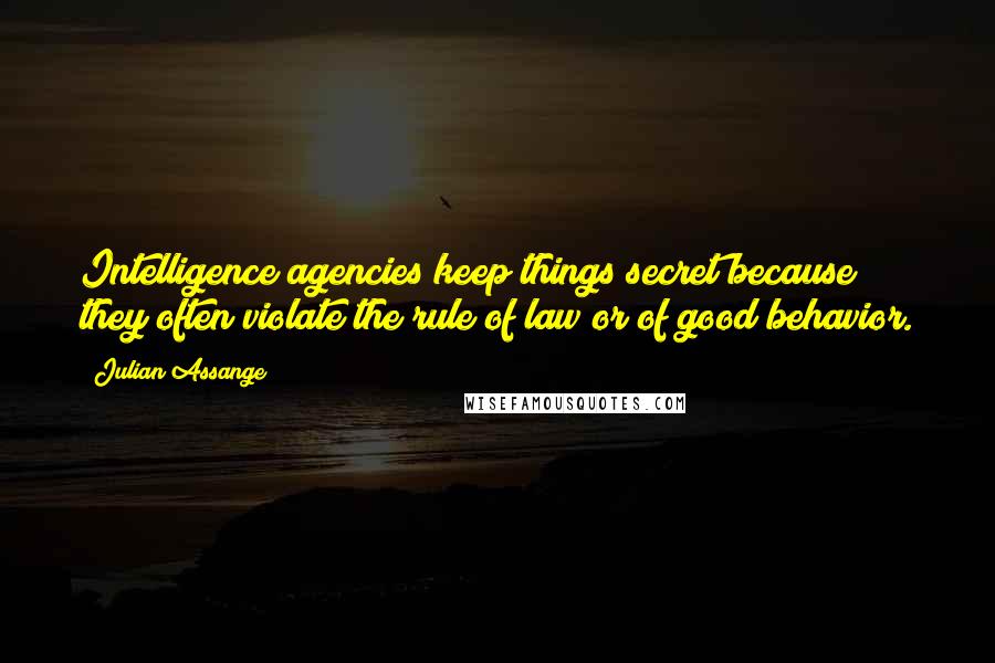 Julian Assange Quotes: Intelligence agencies keep things secret because they often violate the rule of law or of good behavior.