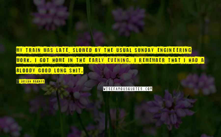 Julian Barnes Quotes: My train was late, slowed by the usual Sunday engineering work. I got home in the early evening. I remember that I had a bloody good long shit.