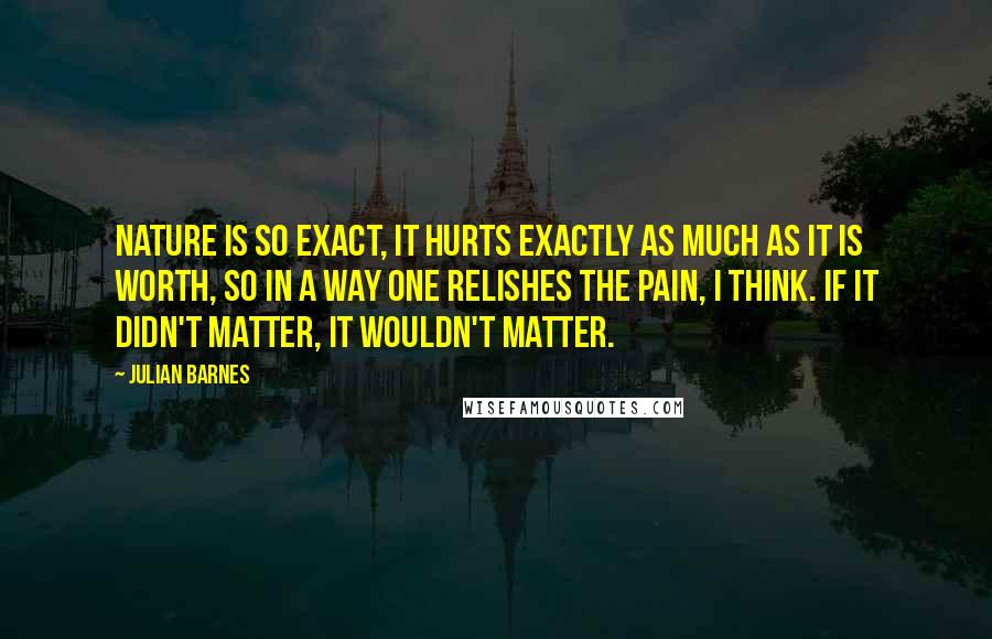 Julian Barnes Quotes: Nature is so exact, it hurts exactly as much as it is worth, so in a way one relishes the pain, I think. If it didn't matter, it wouldn't matter.