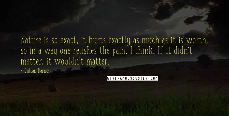 Julian Barnes Quotes: Nature is so exact, it hurts exactly as much as it is worth, so in a way one relishes the pain, I think. If it didn't matter, it wouldn't matter.