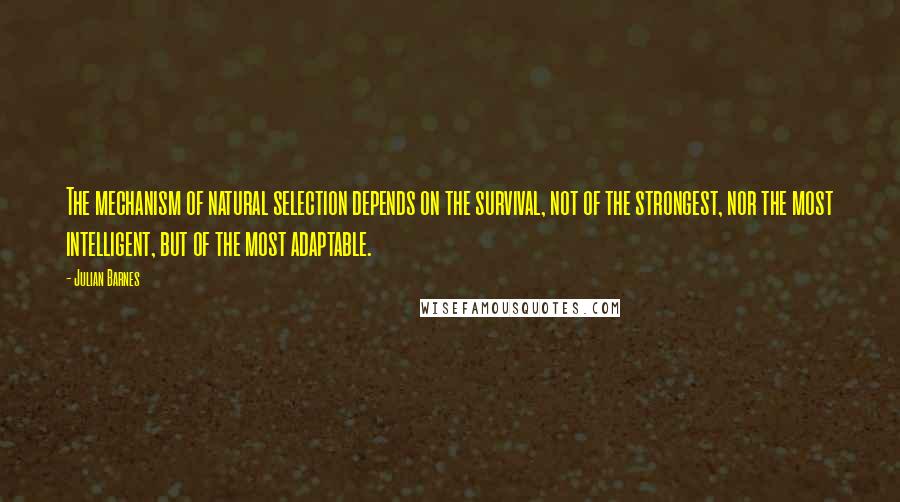 Julian Barnes Quotes: The mechanism of natural selection depends on the survival, not of the strongest, nor the most intelligent, but of the most adaptable.