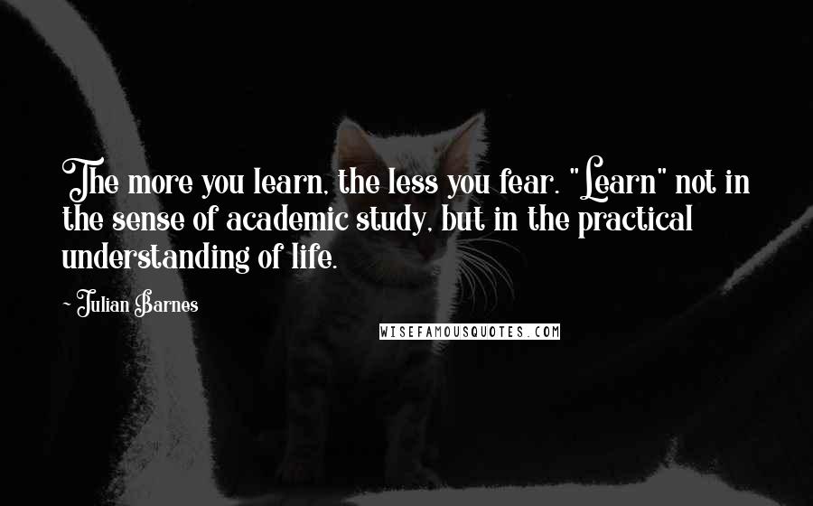 Julian Barnes Quotes: The more you learn, the less you fear. "Learn" not in the sense of academic study, but in the practical understanding of life.