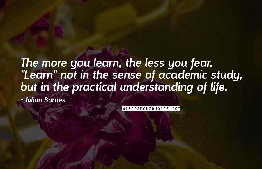 Julian Barnes Quotes: The more you learn, the less you fear. "Learn" not in the sense of academic study, but in the practical understanding of life.