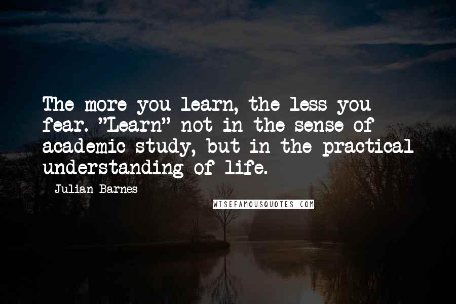 Julian Barnes Quotes: The more you learn, the less you fear. "Learn" not in the sense of academic study, but in the practical understanding of life.