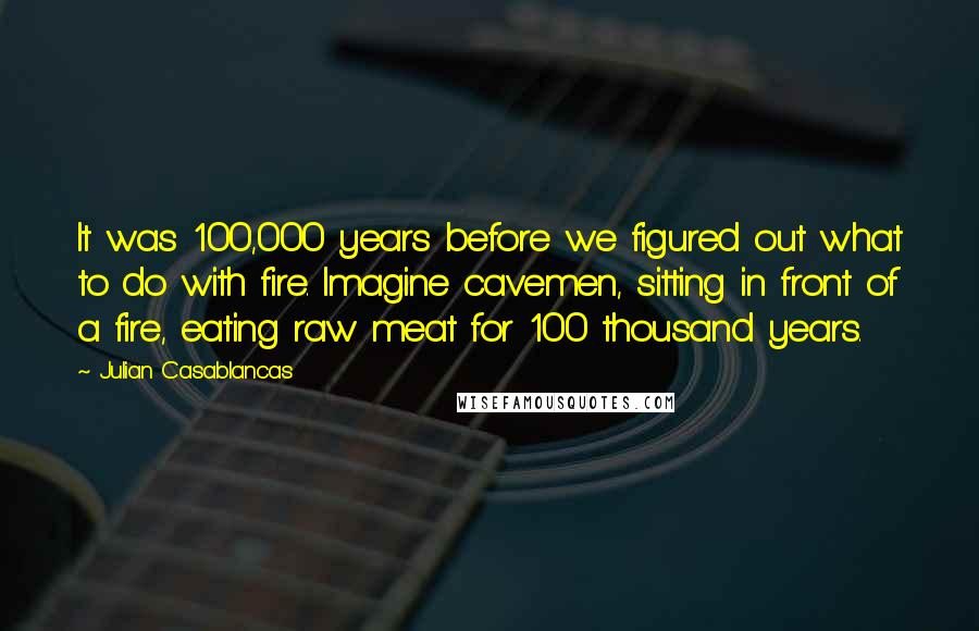 Julian Casablancas Quotes: It was 100,000 years before we figured out what to do with fire. Imagine cavemen, sitting in front of a fire, eating raw meat for 100 thousand years.