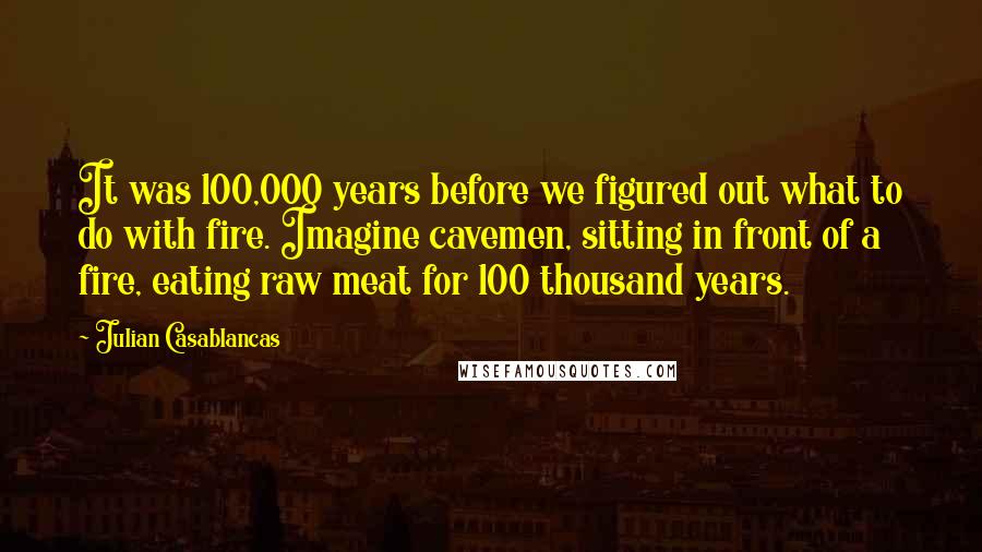 Julian Casablancas Quotes: It was 100,000 years before we figured out what to do with fire. Imagine cavemen, sitting in front of a fire, eating raw meat for 100 thousand years.