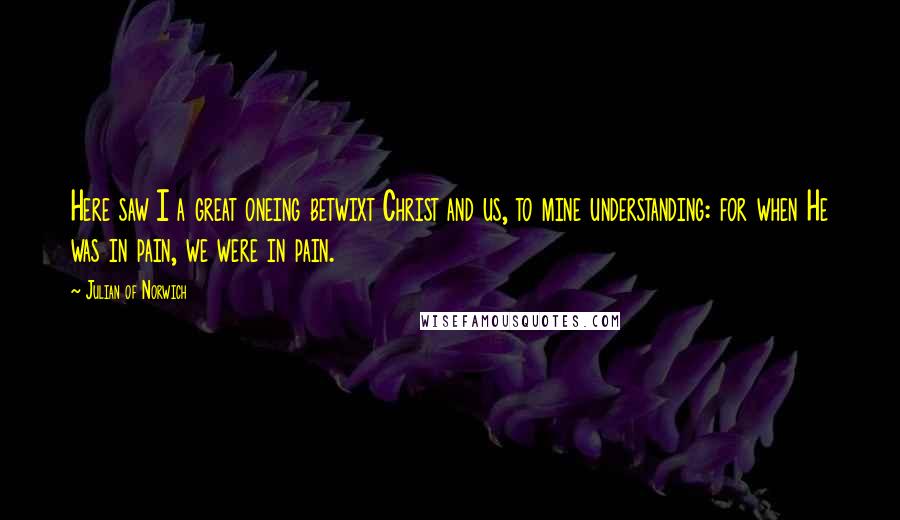Julian Of Norwich Quotes: Here saw I a great oneing betwixt Christ and us, to mine understanding: for when He was in pain, we were in pain.