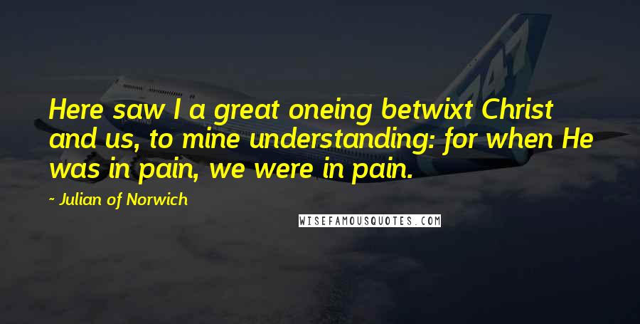 Julian Of Norwich Quotes: Here saw I a great oneing betwixt Christ and us, to mine understanding: for when He was in pain, we were in pain.
