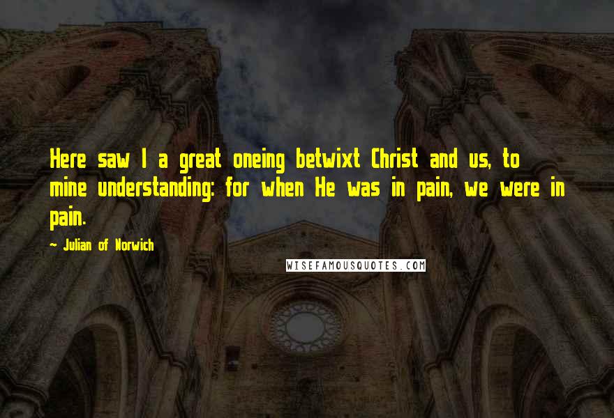 Julian Of Norwich Quotes: Here saw I a great oneing betwixt Christ and us, to mine understanding: for when He was in pain, we were in pain.