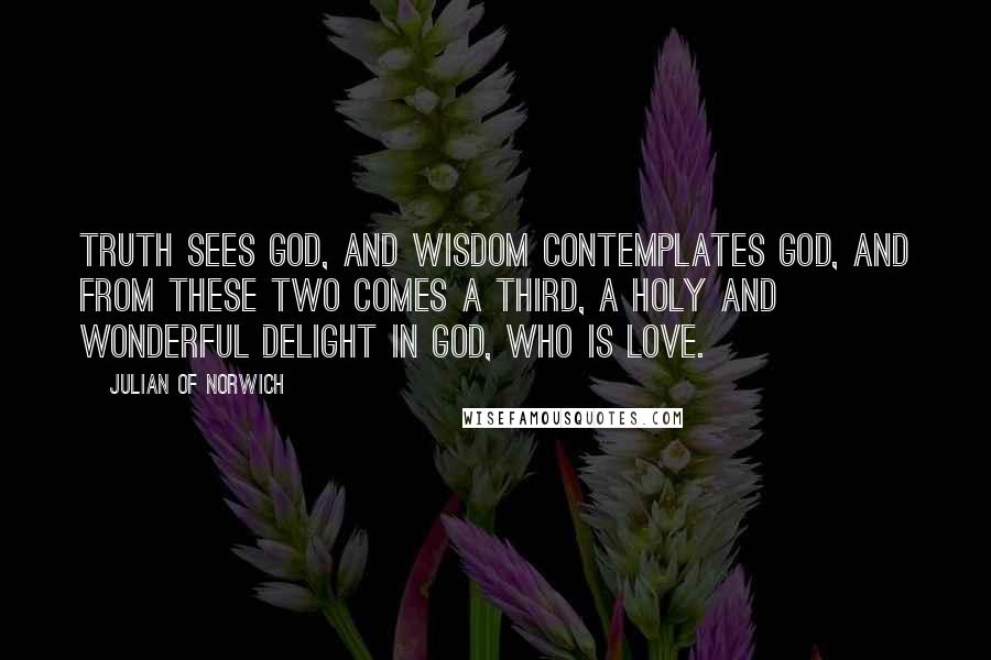 Julian Of Norwich Quotes: Truth sees God, and wisdom contemplates God, and from these two comes a third, a holy and wonderful delight in God, who is love.