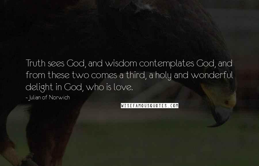 Julian Of Norwich Quotes: Truth sees God, and wisdom contemplates God, and from these two comes a third, a holy and wonderful delight in God, who is love.