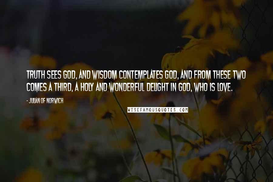 Julian Of Norwich Quotes: Truth sees God, and wisdom contemplates God, and from these two comes a third, a holy and wonderful delight in God, who is love.