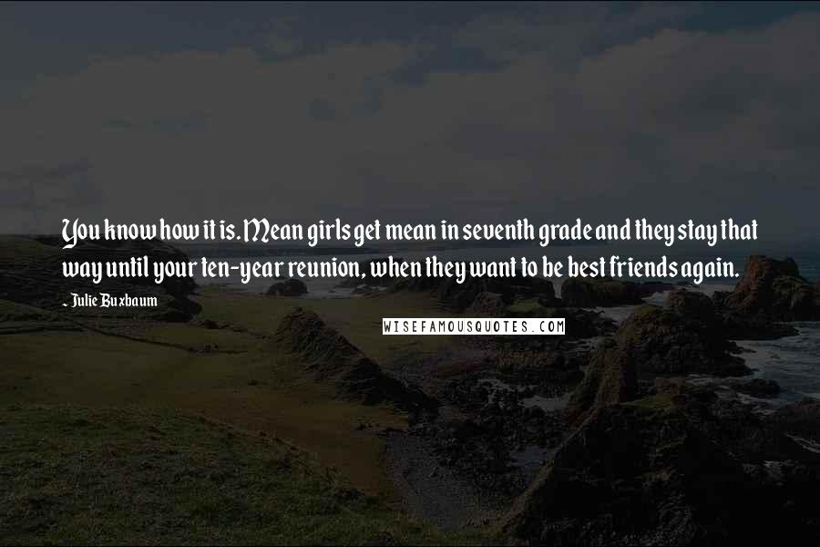 Julie Buxbaum Quotes: You know how it is. Mean girls get mean in seventh grade and they stay that way until your ten-year reunion, when they want to be best friends again.