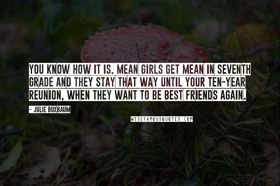 Julie Buxbaum Quotes: You know how it is. Mean girls get mean in seventh grade and they stay that way until your ten-year reunion, when they want to be best friends again.