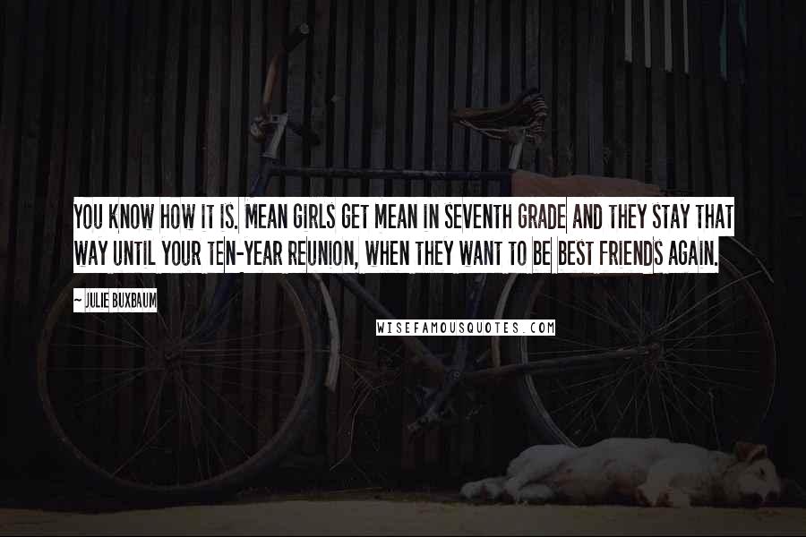 Julie Buxbaum Quotes: You know how it is. Mean girls get mean in seventh grade and they stay that way until your ten-year reunion, when they want to be best friends again.