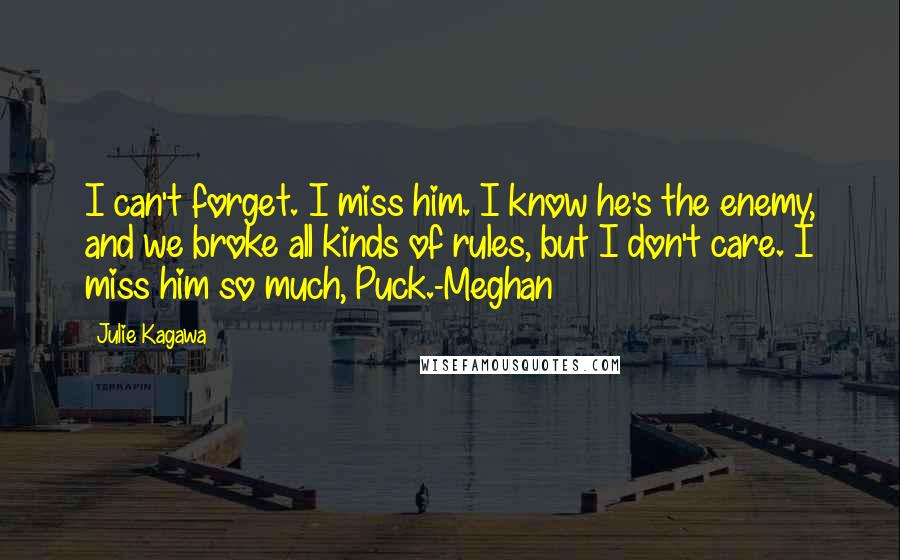 Julie Kagawa Quotes: I can't forget. I miss him. I know he's the enemy, and we broke all kinds of rules, but I don't care. I miss him so much, Puck.-Meghan