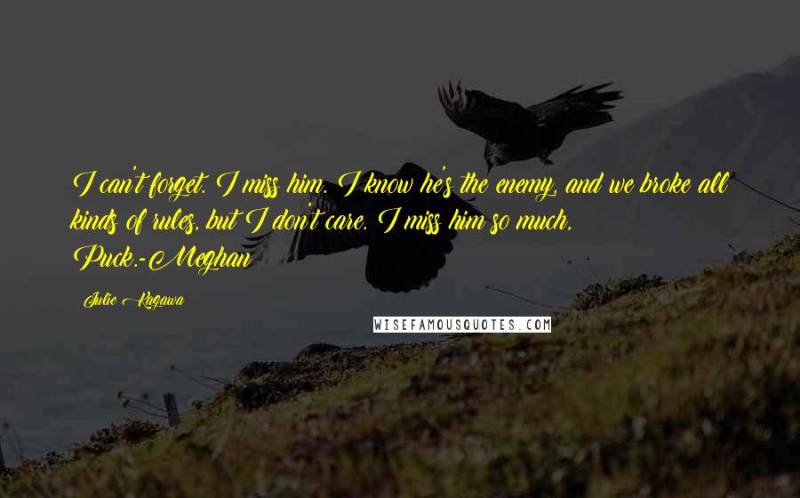 Julie Kagawa Quotes: I can't forget. I miss him. I know he's the enemy, and we broke all kinds of rules, but I don't care. I miss him so much, Puck.-Meghan