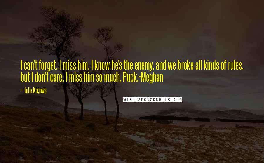 Julie Kagawa Quotes: I can't forget. I miss him. I know he's the enemy, and we broke all kinds of rules, but I don't care. I miss him so much, Puck.-Meghan