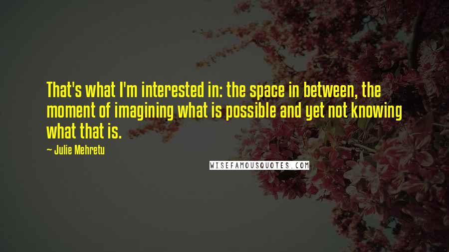 Julie Mehretu Quotes: That's what I'm interested in: the space in between, the moment of imagining what is possible and yet not knowing what that is.