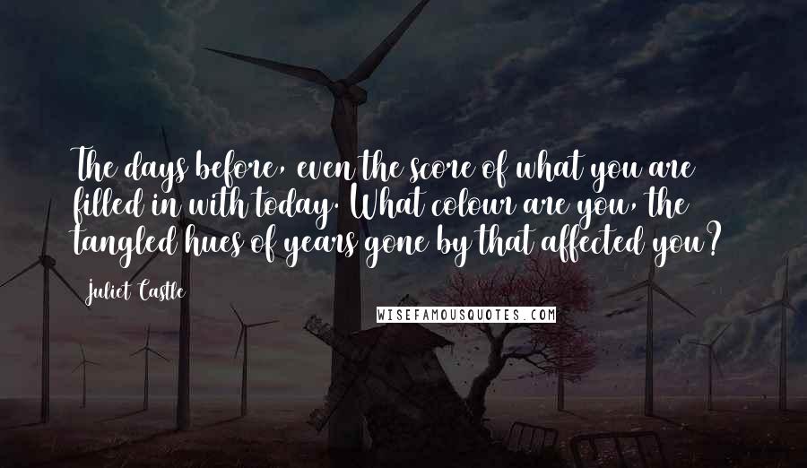 Juliet Castle Quotes: The days before, even the score of what you are filled in with today. What colour are you, the tangled hues of years gone by that affected you?