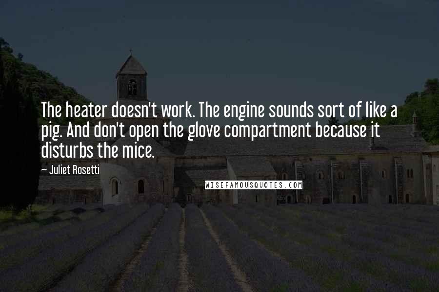 Juliet Rosetti Quotes: The heater doesn't work. The engine sounds sort of like a pig. And don't open the glove compartment because it disturbs the mice.