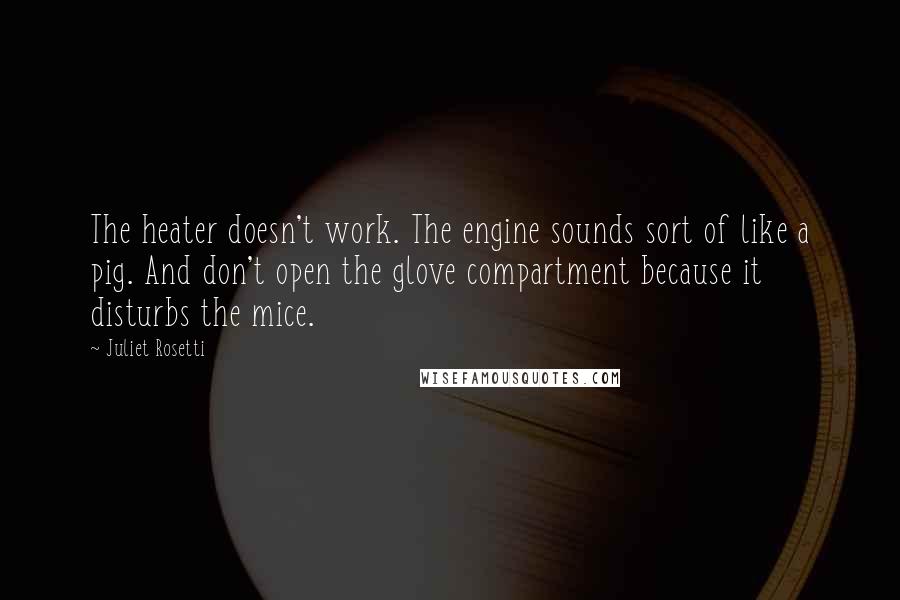 Juliet Rosetti Quotes: The heater doesn't work. The engine sounds sort of like a pig. And don't open the glove compartment because it disturbs the mice.