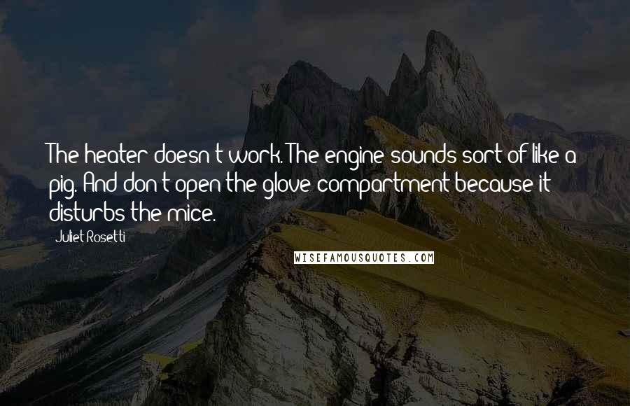 Juliet Rosetti Quotes: The heater doesn't work. The engine sounds sort of like a pig. And don't open the glove compartment because it disturbs the mice.