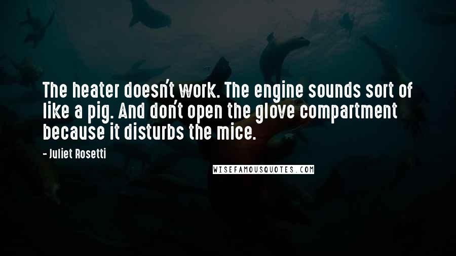 Juliet Rosetti Quotes: The heater doesn't work. The engine sounds sort of like a pig. And don't open the glove compartment because it disturbs the mice.