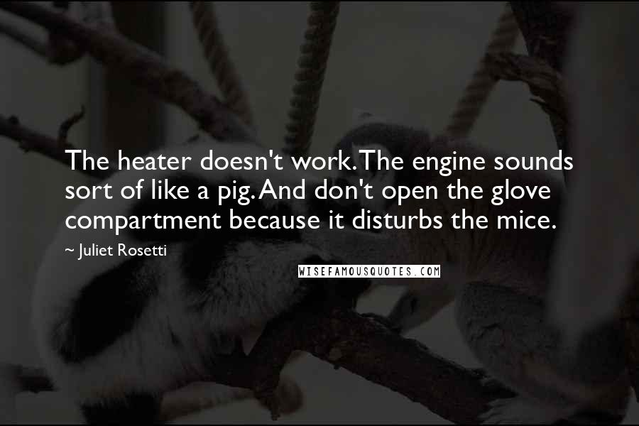 Juliet Rosetti Quotes: The heater doesn't work. The engine sounds sort of like a pig. And don't open the glove compartment because it disturbs the mice.