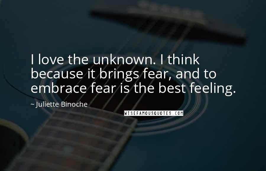 Juliette Binoche Quotes: I love the unknown. I think because it brings fear, and to embrace fear is the best feeling.